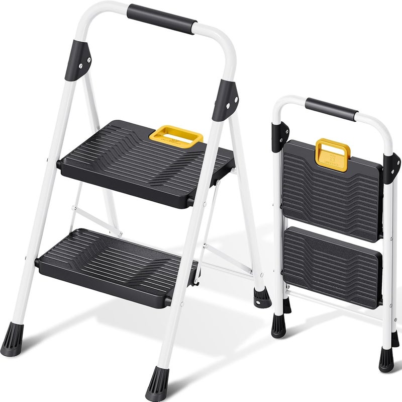 KINGRACK 2 Step Folding Ladder, 800lbs Capacity Step Stool with Safety Lock, Non-Skid Wide Pedals, and Handrail, Lightweight, Household Ladder for Home, Kitchen, Pantry, Closets, and Office Use, White - Image 1